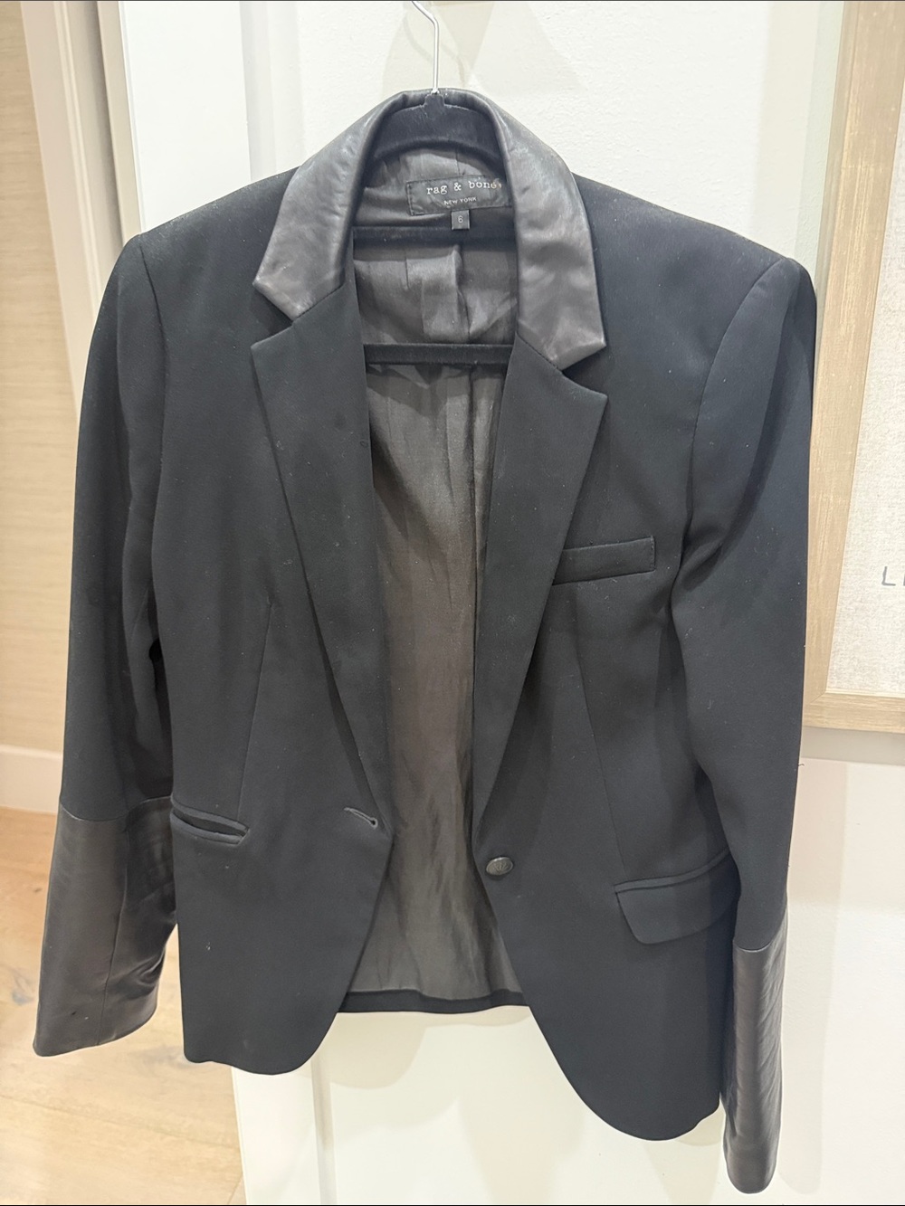 rag & bone Black Blazer with Leather-Trim Collar and Cuffs